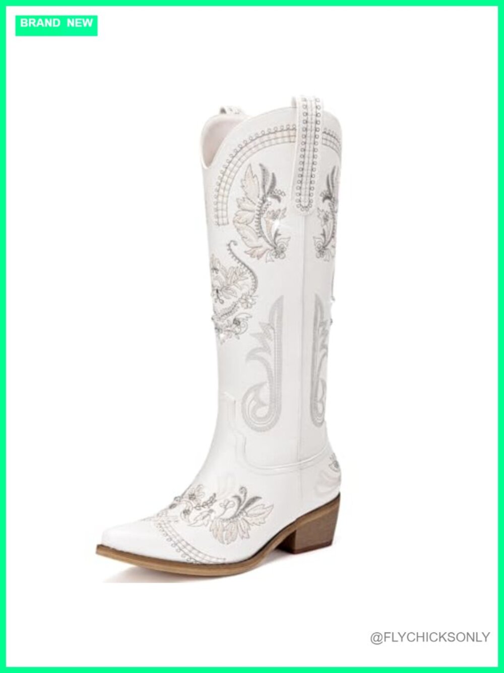 Knee High Cowboy Boots Rhinestone Embroidered Pointed Toe Western